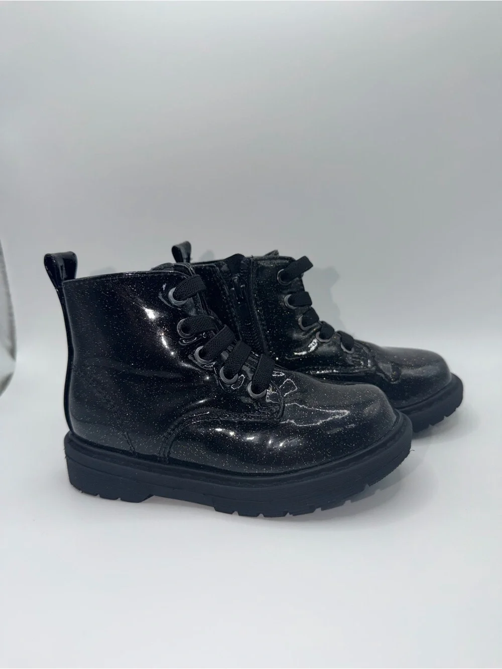 Kids Glittery Black Lace-Up Ankle Boots with Side Zip
